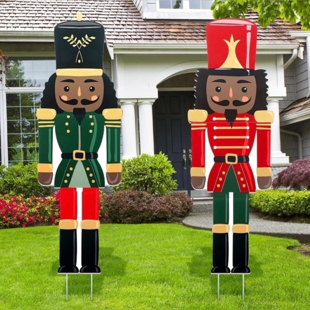2 Pc African American Nutcracker Yard Stakes Outdoor Christmas Decor